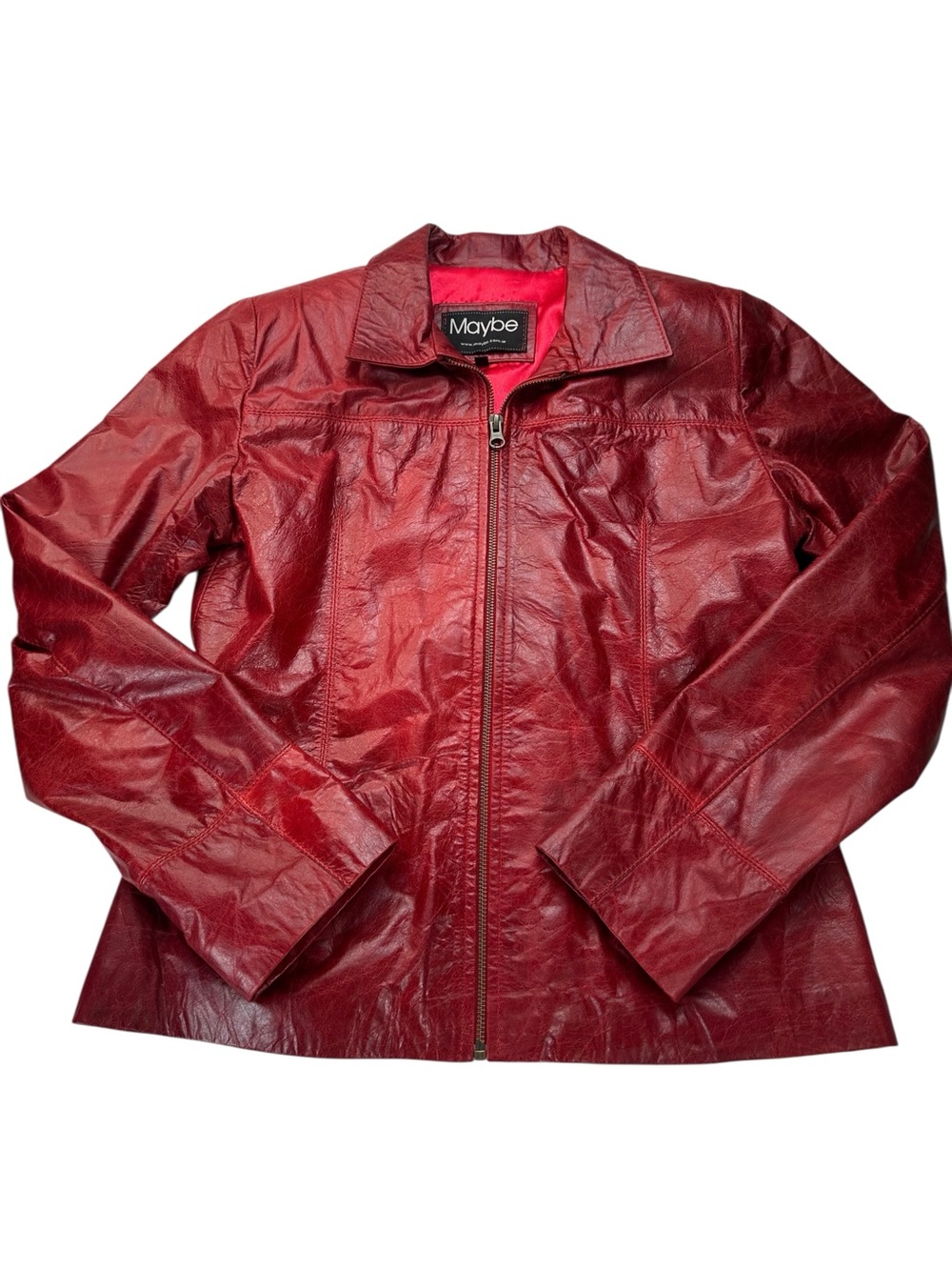 Maybe Red Leather Jacket Medium Fitted Zip Front 90s Y2K Genuine Leather